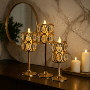 HamzaDecor | Home Decoration | Home Decor elegant crystal & metal candle stand set (3 in 1)