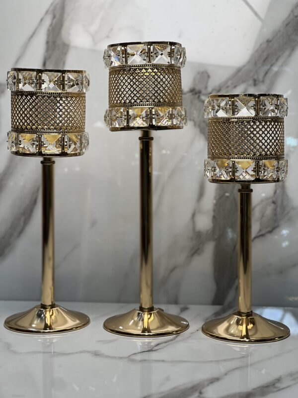 Elegant Metal Candle Stand Set with Crystal Accents (3-in-1)