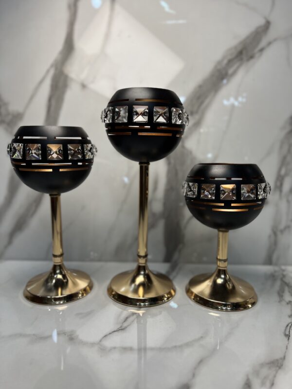 Luxury Black & Gold Crystal Candle Stand Set (3-in-1)