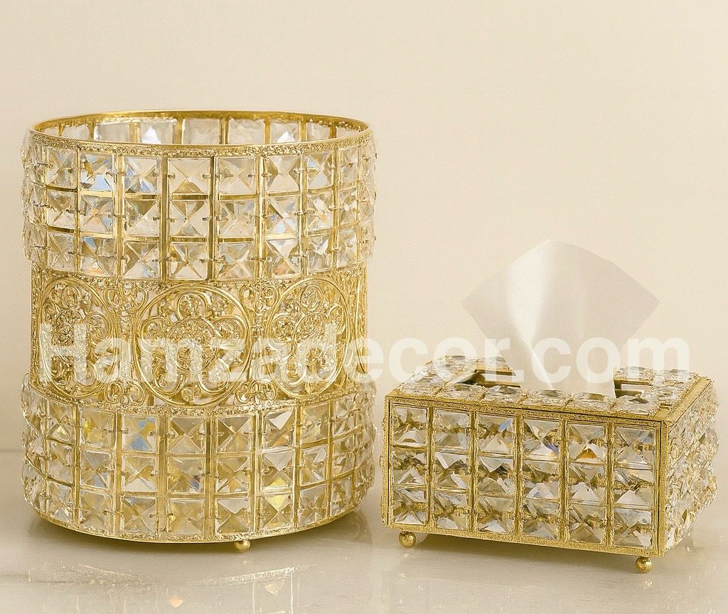 luxury crystal metal dustbin & tissue box set – imported golden finish, elegant 2 piece home décor luxury crystal metal dustbin & tissue box set – imported golden finish, elegant 2 piece home décor