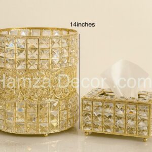 luxury crystal metal dustbin & tissue box set – imported golden finish, elegant 2 piece home décor