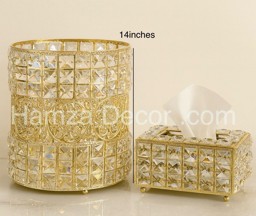 luxury crystal metal dustbin & tissue box set – imported golden finish, elegant 2 piece home décor luxury crystal metal dustbin & tissue box set – imported golden finish, elegant 2 piece home décor