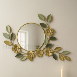 golden floral metal mirror – elegant wall decor for console & living spaces