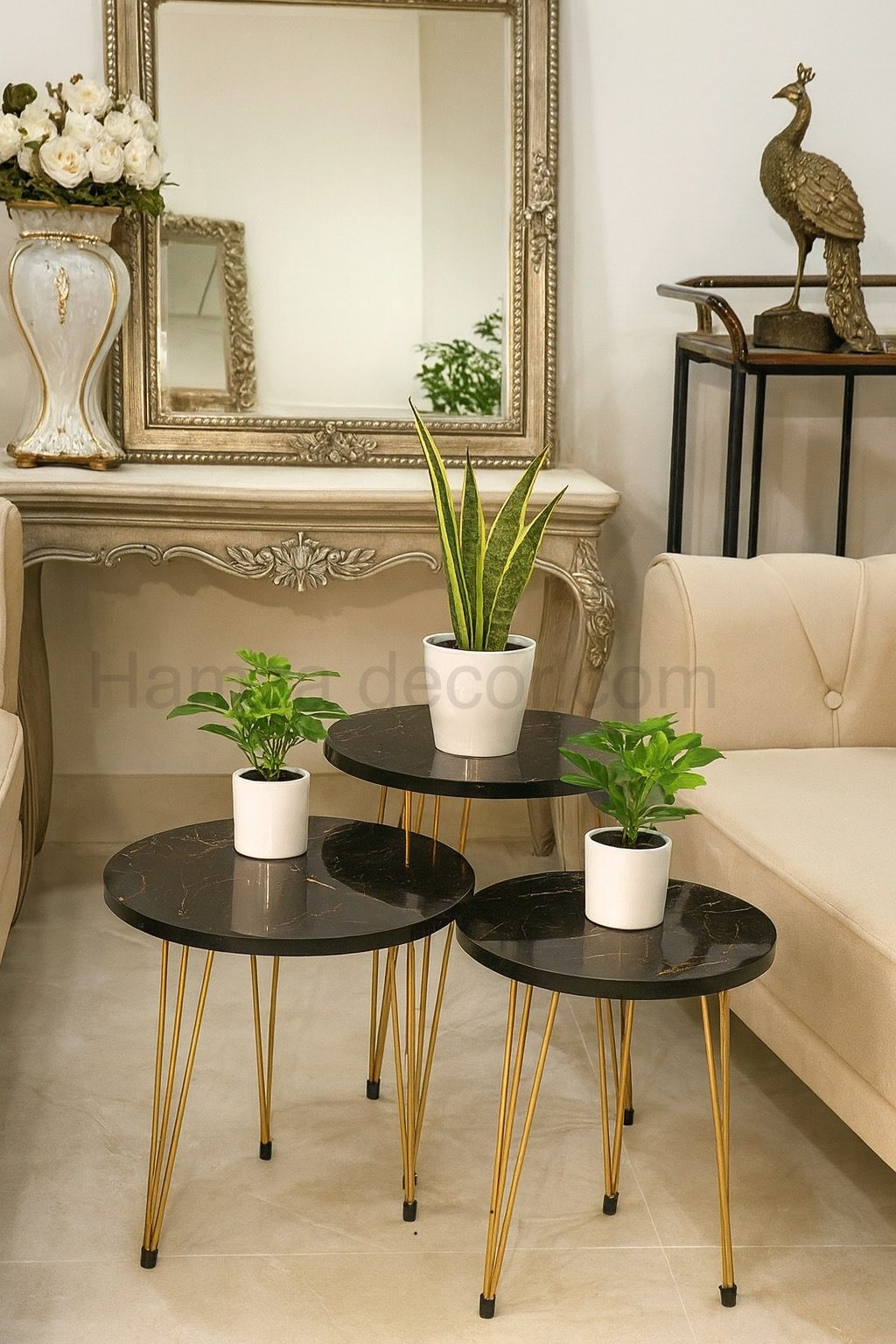 3 pcs modern coffee table set – metal stand with wooden tops (16 inches) 3 pcs modern coffee table set – metal stand with wooden tops (16 inches)