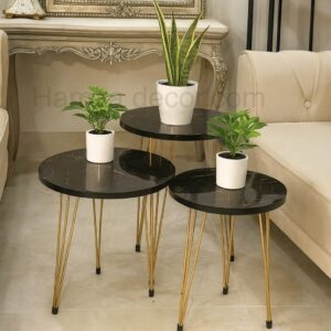3 pcs modern coffee table set – metal stand with wooden tops (16 inches)