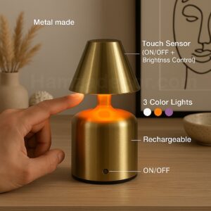 classic cone shade metal rechargeable touch lamp – 3 light modes | elegant home, office & restaurant decor