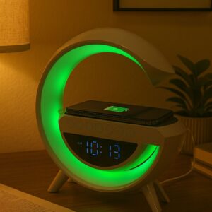 premium smart led clock speaker with wireless charger, alarm, and multi color light display