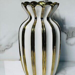 premium white & gold striped ceramic vase – 10 inch imported waterproof flower vase