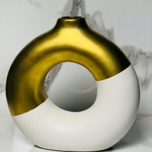 premium white & gold donut shaped ceramic vase – imported waterproof flower arrangement piece