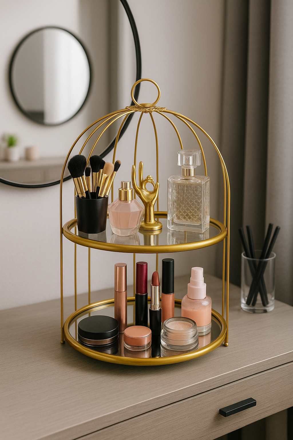 luxury metal & glass makeup organizer with 2 shelves | elegant vanity storage stand luxury metal & glass makeup organizer with 2 shelves | elegant vanity storage stand