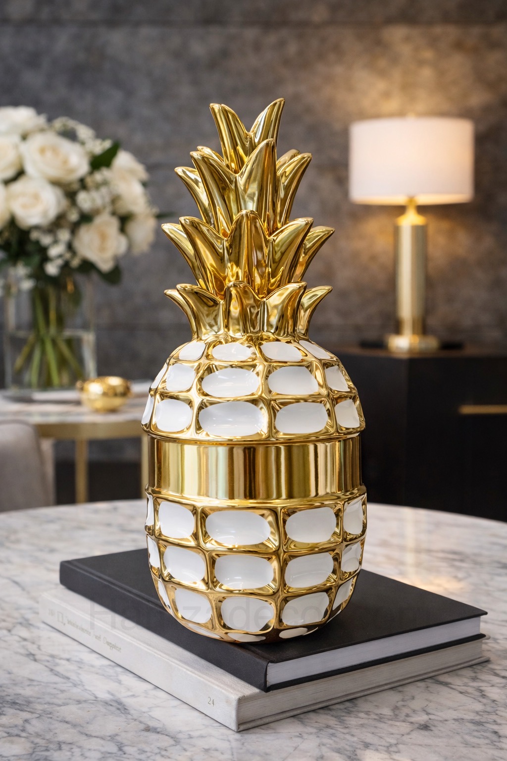 luxury imported pineapple ceramic decor – gold & white finish luxury imported pineapple ceramic decor – gold & white finish