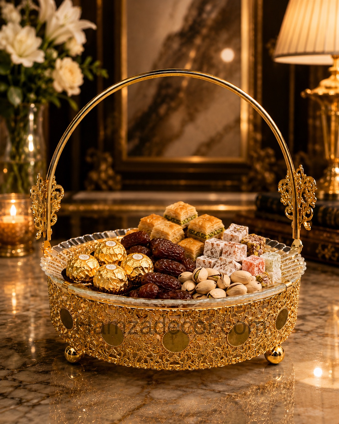 luxury imported metal serving tray with elegant gold finish & decorative handle luxury imported metal serving tray with elegant gold finish & decorative handle