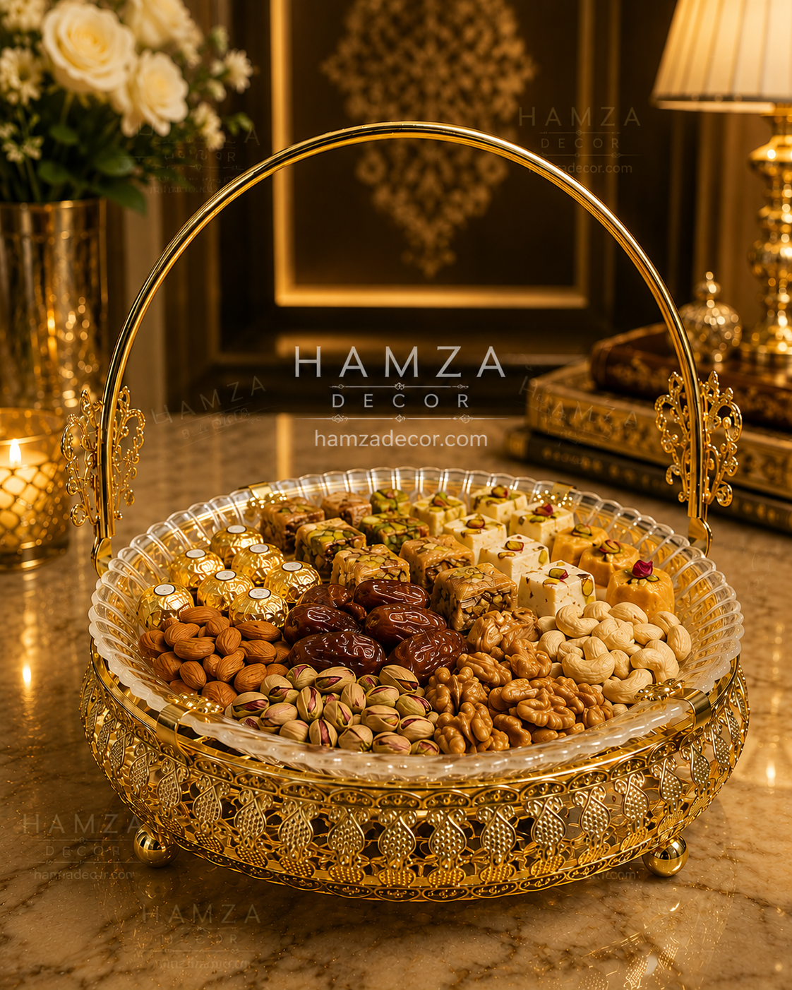 luxury imported metal & glass serving tray with movable handle – elegant gold finish luxury imported metal & glass serving tray with movable handle – elegant gold finish