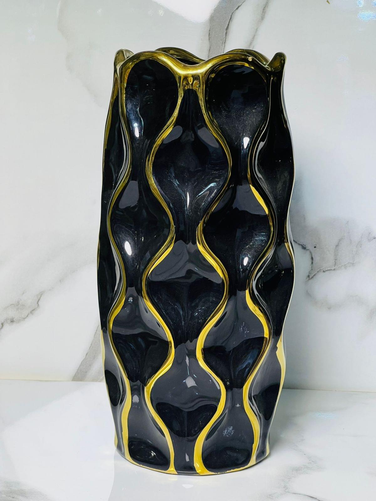 premium white & gold wave design ceramic vase – 10 inch imported waterproof flower vase