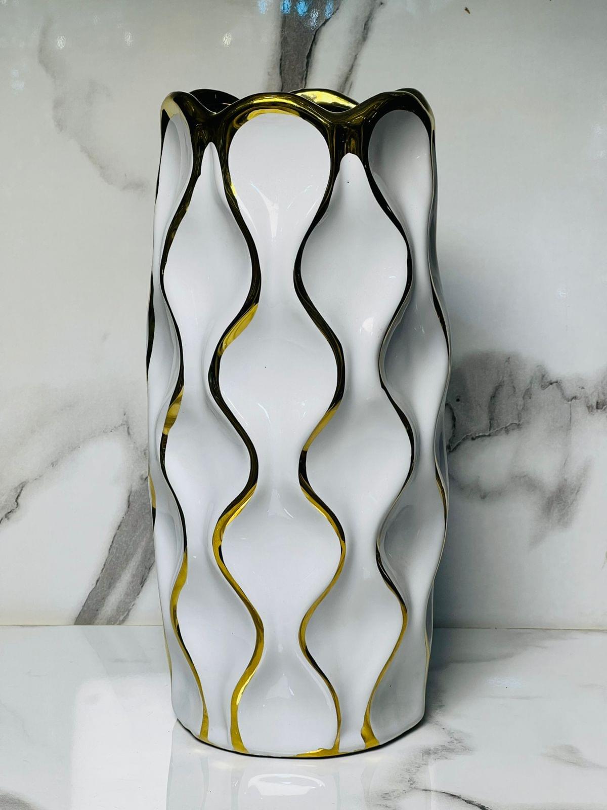premium white & gold wave design ceramic vase – 10 inch imported waterproof flower vase