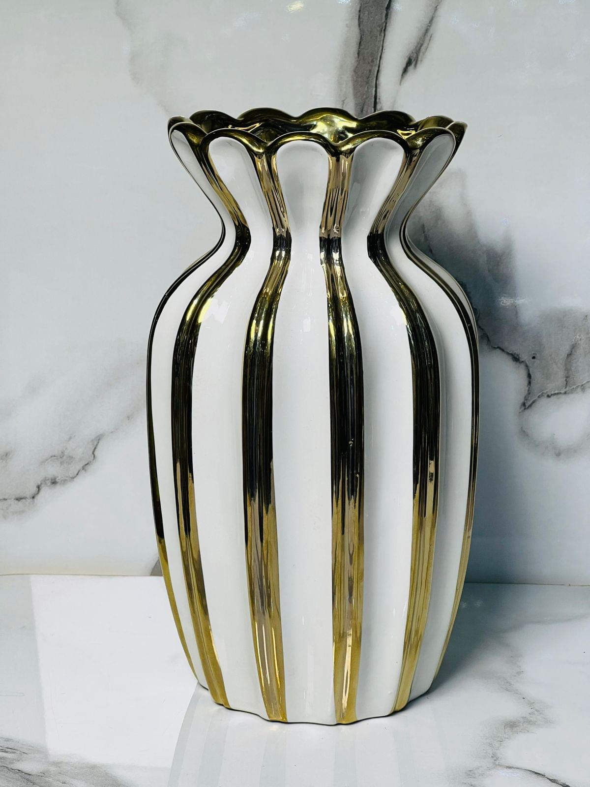 premium white & gold striped ceramic vase – 10 inch imported waterproof flower vase
